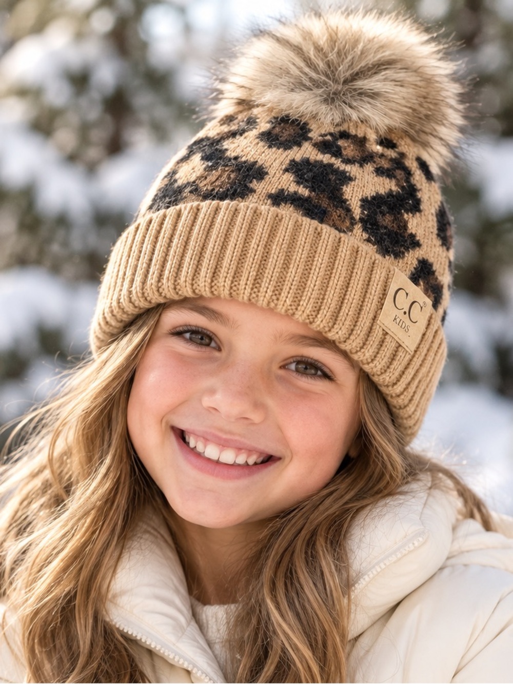 C.C Kids Leopard Print Knit Beanie Faux Fur Pom Tan New With Tags